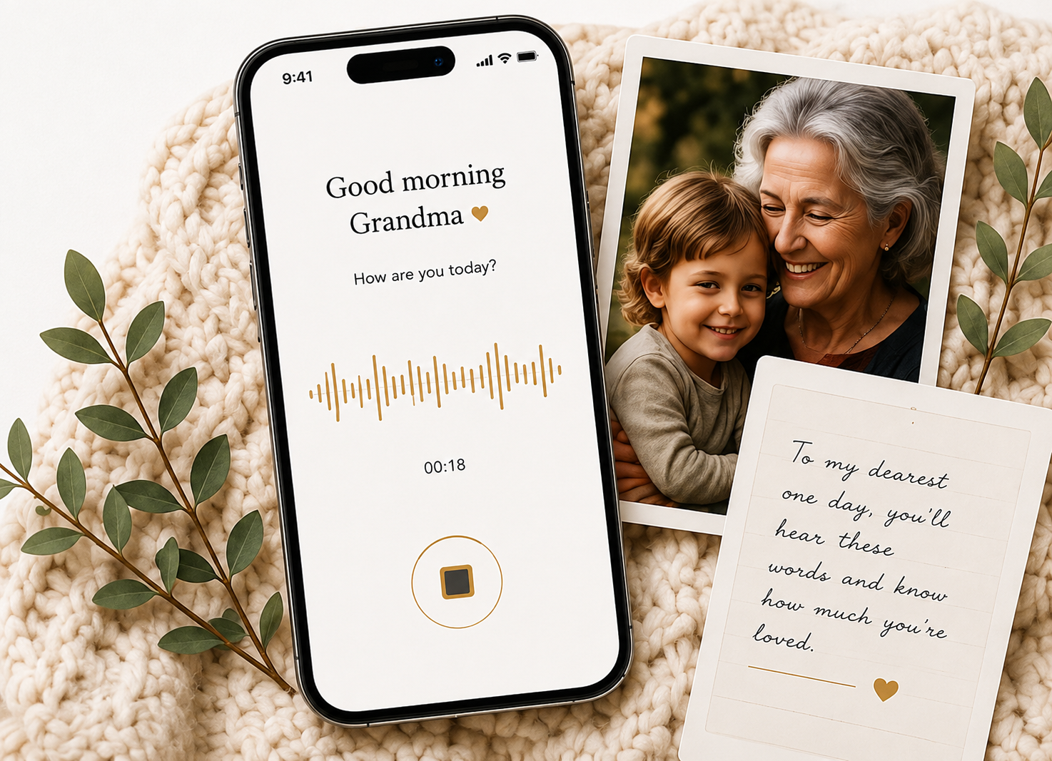 Phone with voice recording and handwritten notes on a knit blanket